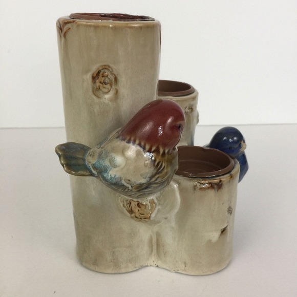 Vintage Birds on Tree Branches Figurine Candle Holder Triple Vase Glazed Ceramic - Picture 2 of 9
